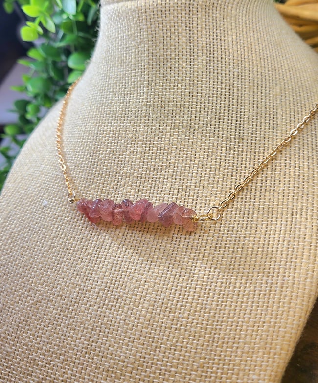 Natural Strawberry Quartz Handmade Rose Gold Bar Necklace
