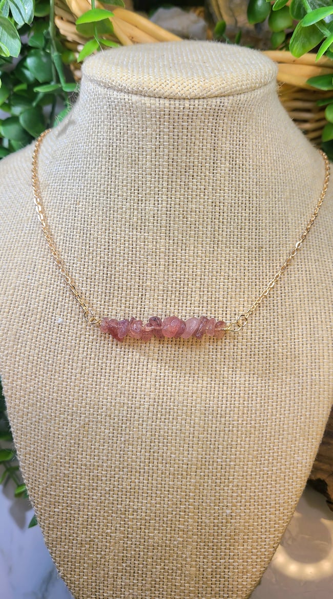 Natural Strawberry Quartz Handmade Rose Gold Bar Necklace