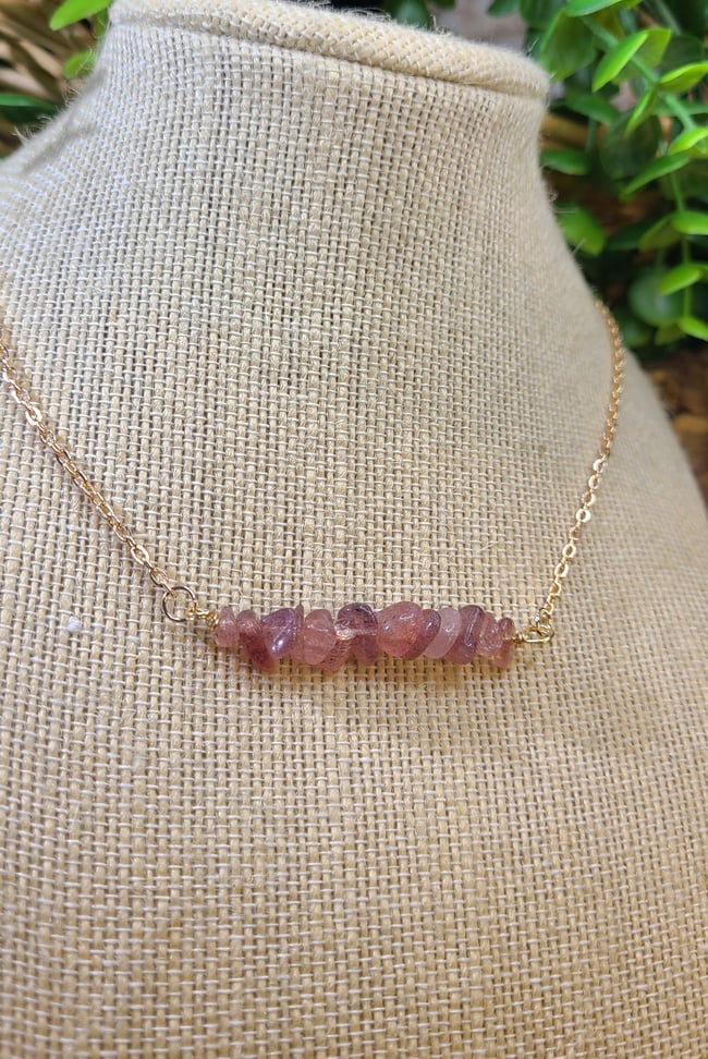 Natural Strawberry Quartz Handmade Rose Gold Bar Necklace