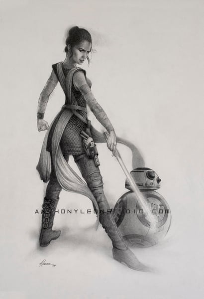 Image of Rey and BB8 original art