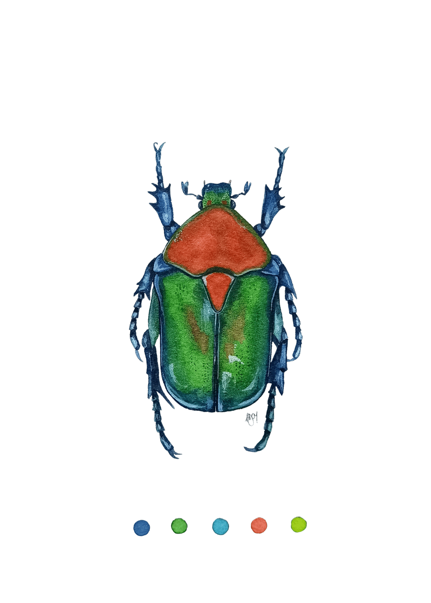 Image of Protaetia cuprea flower Chafer Beetle Watercolor ORIGINAL ARTWORK 
