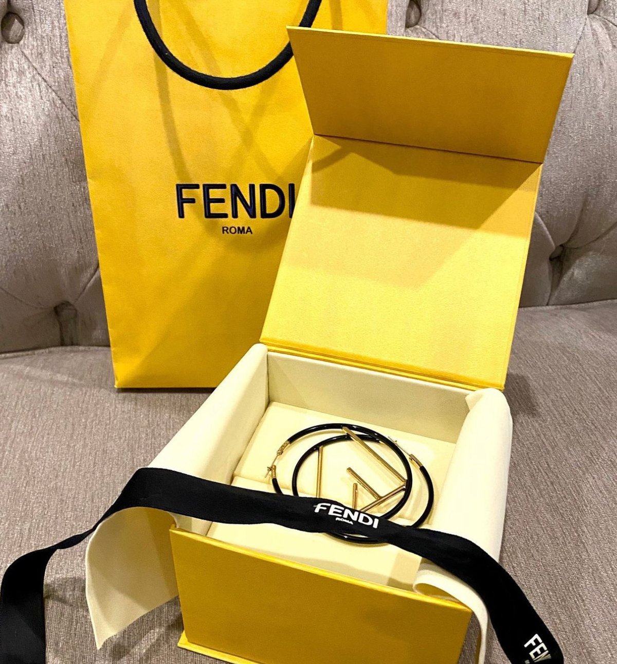 Image of Authentic F Is For Fendi Large Black Hoops