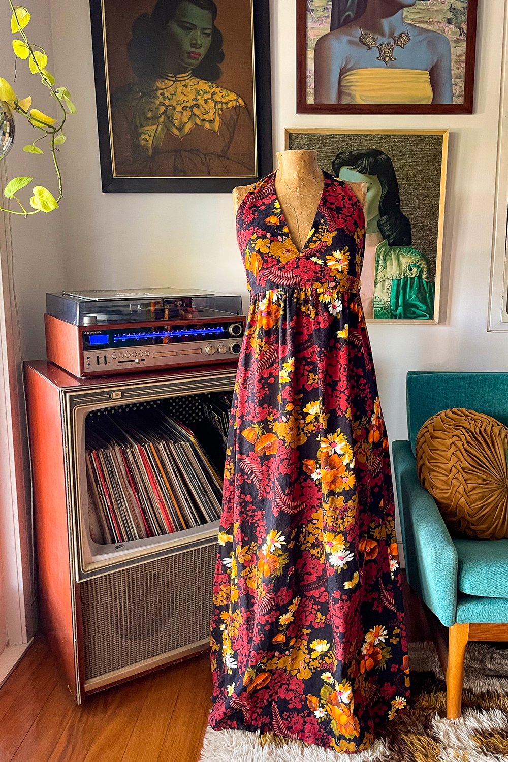 Vintage Barkcloth maxi dress Size S/M
