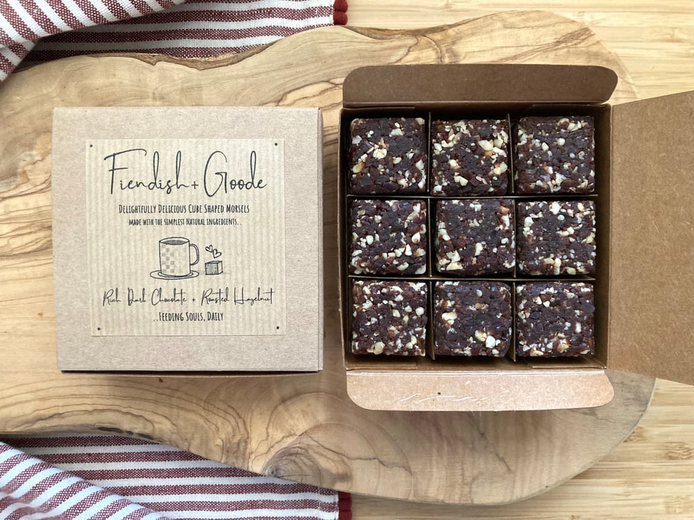 Image of Rich Dark Chocolate + Roasted Hazelnut Cube Shaped Morsels