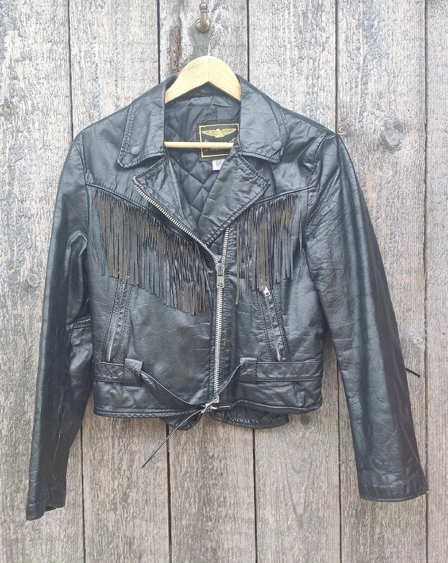 Image of US Made Co Ladies Black Leather Biker Jacket With Tassels Size 10/12 Medium