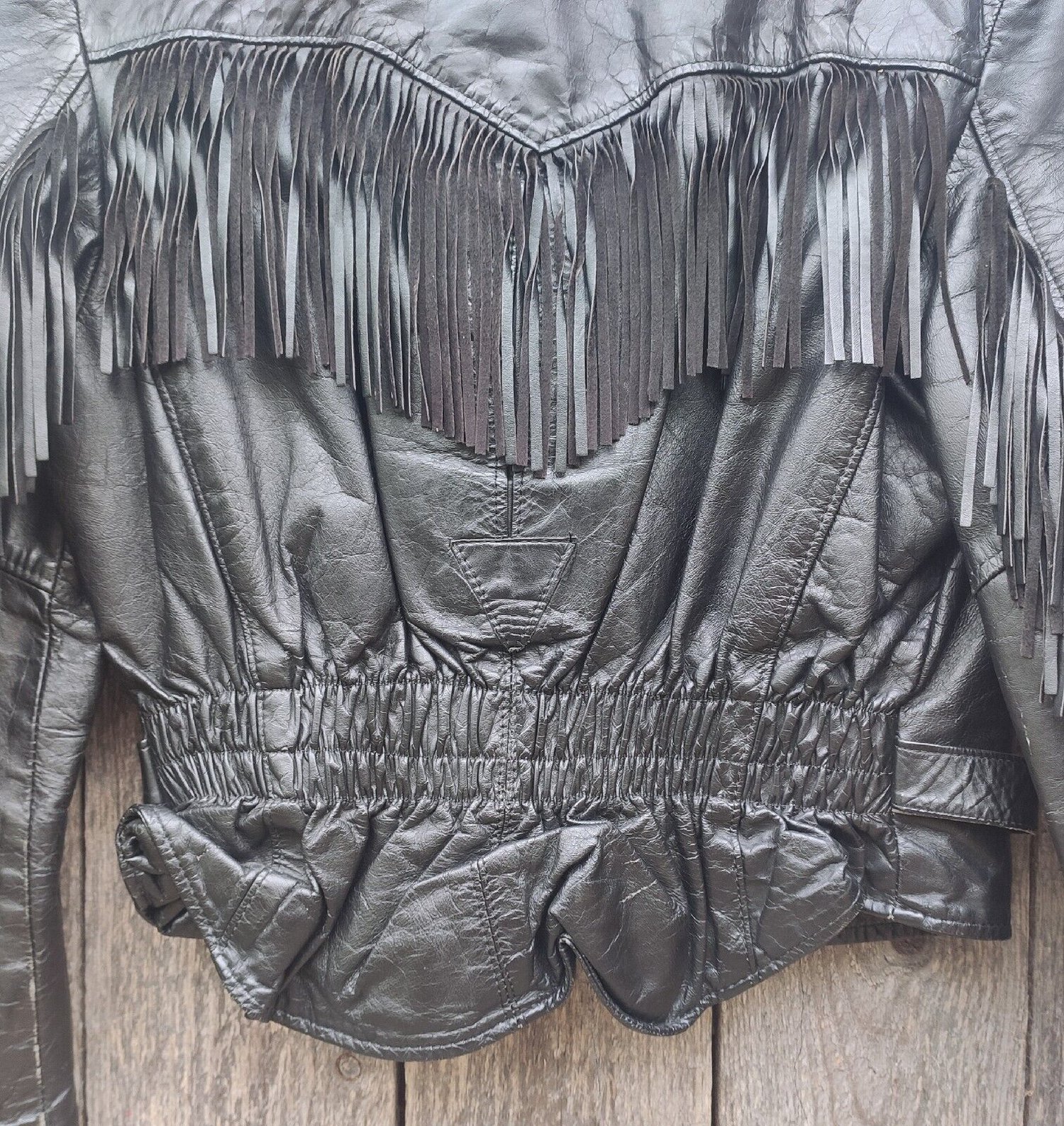 Image of US Made Co Ladies Black Leather Biker Jacket With Tassels Size 10/12 Medium