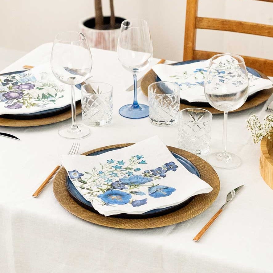 Image of Fleurs Bleu 6 Serviettes de Table en Lin