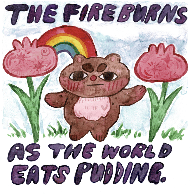 Image of 'The Fire Burns As The World Eats Pudding' t-shirt by Ara Carmona