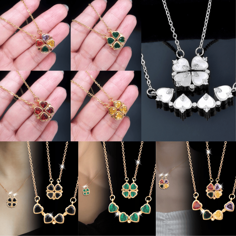 Image of  Unique magnetic 4 crystal heart flower pendant stainless steel necklace 