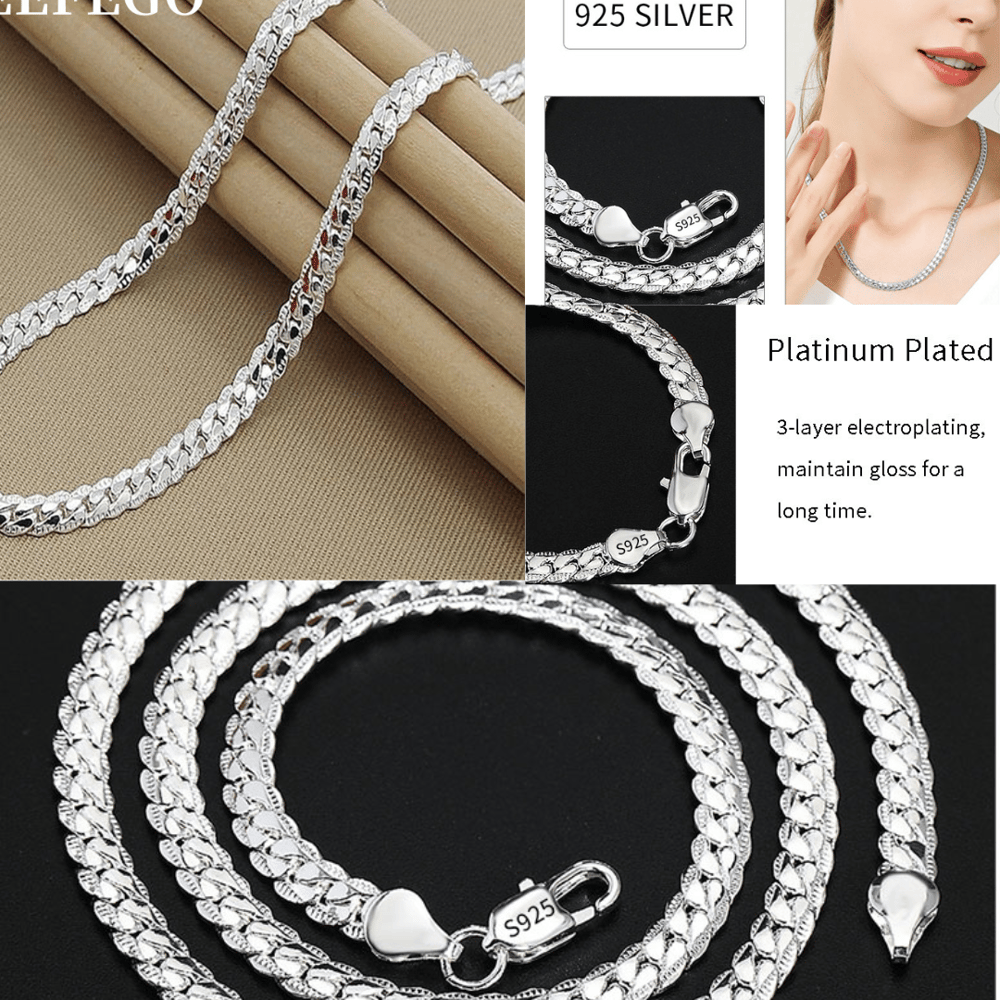 Image of  925 Sterling Silver 6mm Side Chain 16/18/20/22/24 Inch Necklace For Woman Men Fashion 