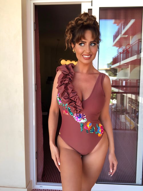 Image of Chestnut Puff Sleeve Sequin Floral Swimsuit