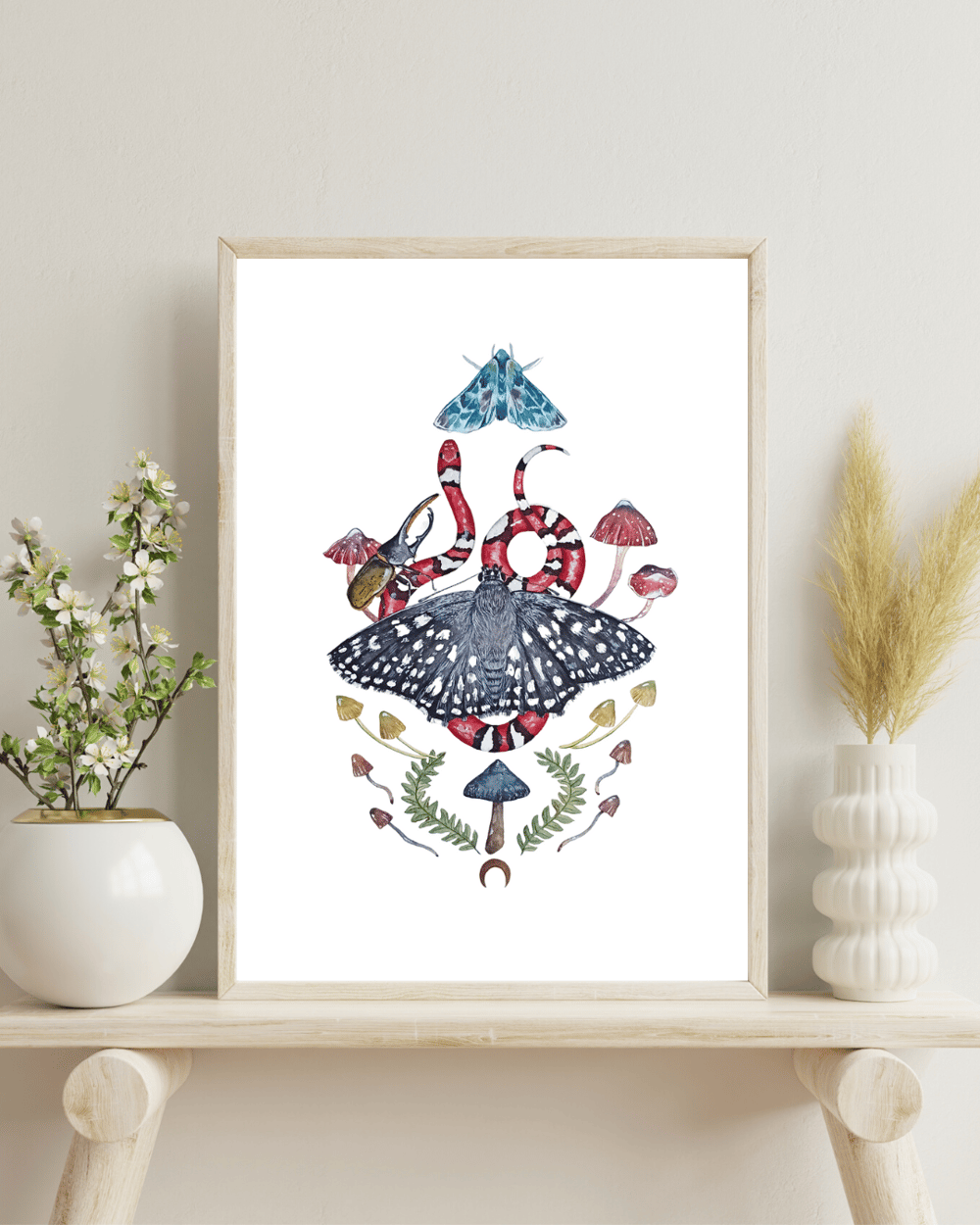 Image of Moths & Snake Guides of the nighttime realm Watercolor Illustration PRINT 