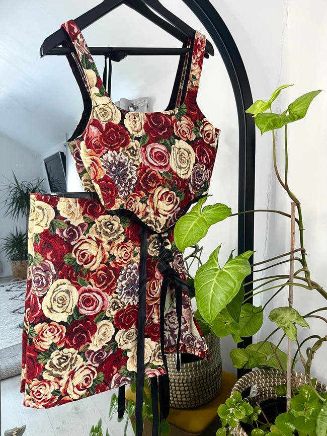Handmade floral rose tapestry corset, mini skirt and scrunchie set