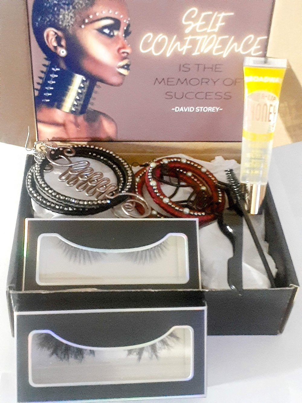 Image of Self Confident, Bundle Box, Honey Lip Gloss, Ribbon, Wire Earrings, Mink False Lashes