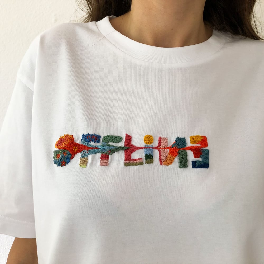 Image of OFFLINE - hand embroidered t-shirt, available in ALL SIZES, limited edition