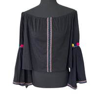 Image 3 of Pitusa Off The Shoulder Black Pom Pom Bell Sleeve Top - One Size Festival Boho