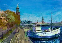 Image 1 of Stockholm's docks | Miniature oil painting | 7x5''