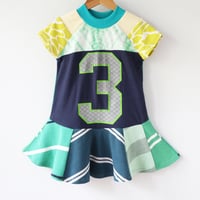 Image 3 of green stripe blue three 3T 3 3rd third twirly birthday bday party short sleeve mix prints dress