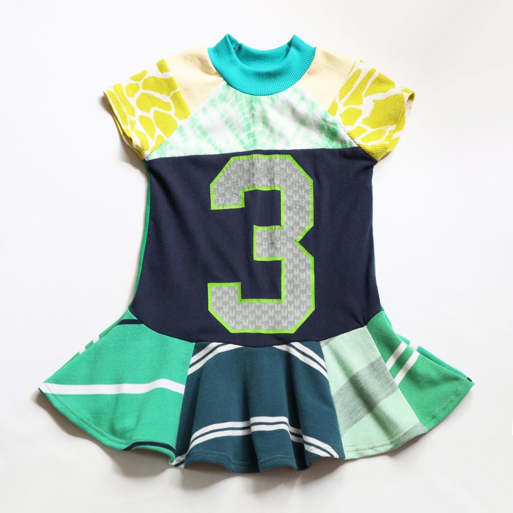 Image of green stripe blue three 3T 3 3rd third twirly birthday bday party short sleeve mix prints dress