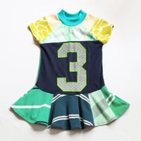 Image 1 of green stripe blue three 3T 3 3rd third twirly birthday bday party short sleeve mix prints dress