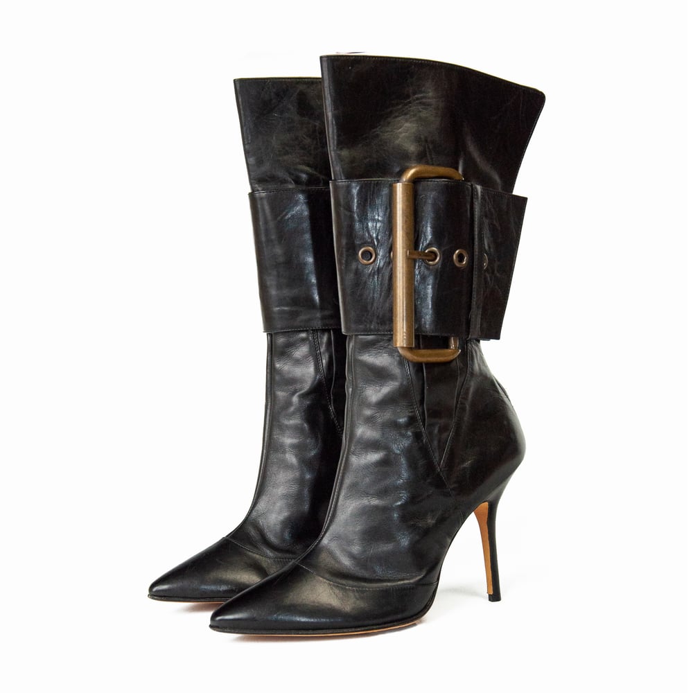 Image of Manolo Blahnik Black Leather Pointed Ankle Boots 