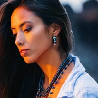 Image 2 of Dark Tahitian Pearls & Turquoise Disc Earrings 