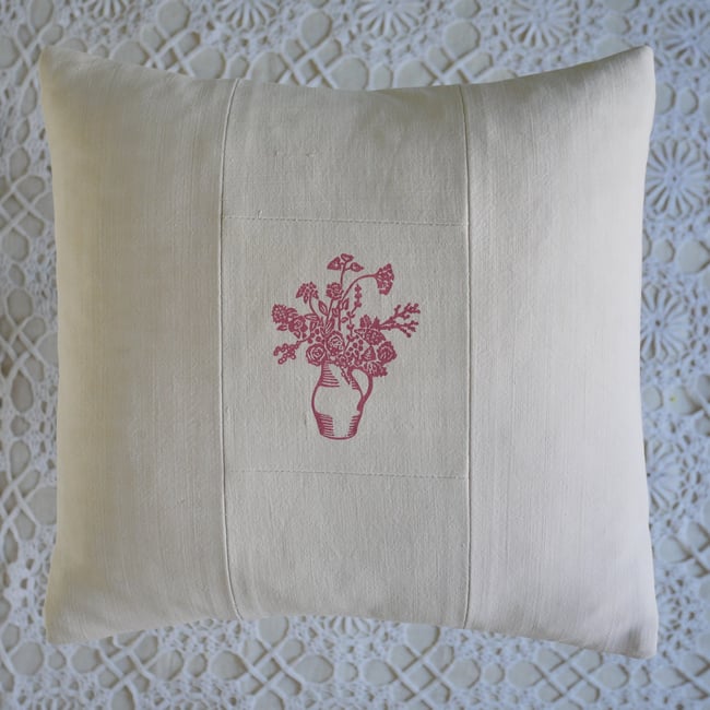 Block printed Jug of Flowers on Antique Linen - Pink