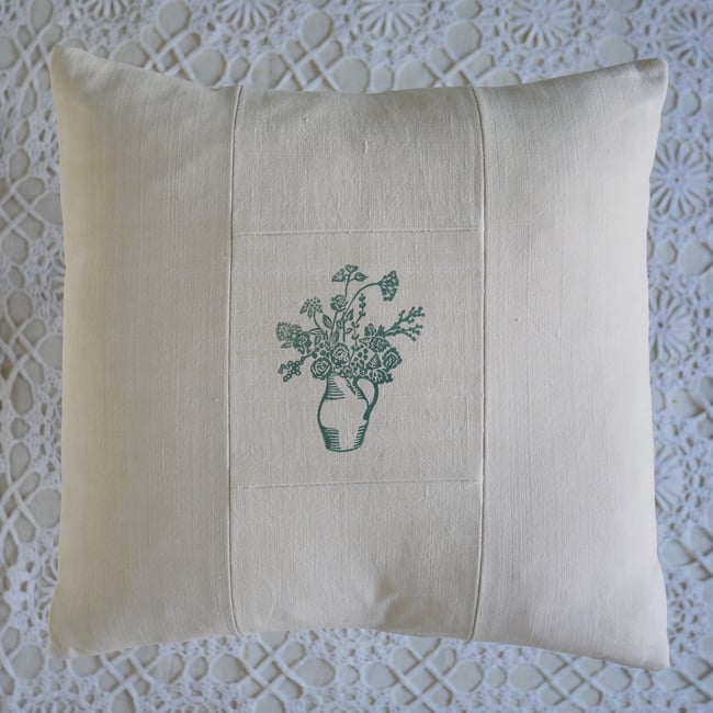 Block printed Jug of Flowers on Antique Linen - Green