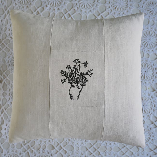 Block printed Jug of Flowers on Antique Linen - Grey