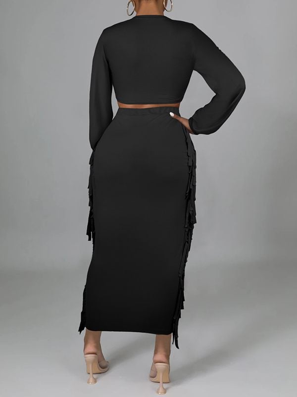 Image of Medium Solid Tied Crop Top & Fringe Skirt Set