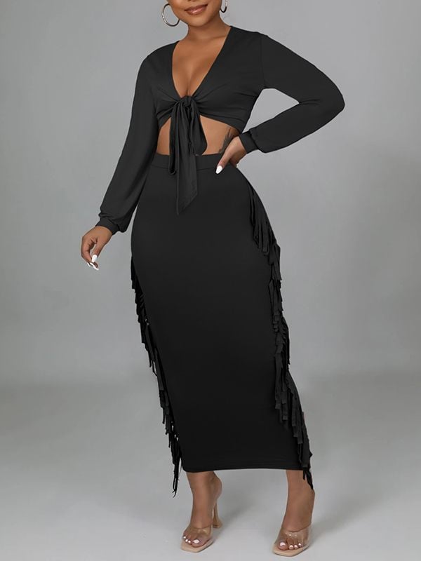 Image of Medium Solid Tied Crop Top & Fringe Skirt Set