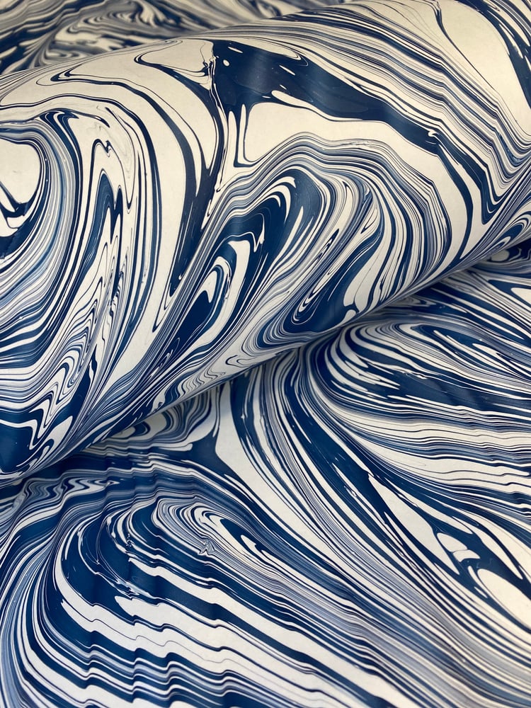 Image of Marbled Paper #79 'Delft Blue Abstract' spanish ripple on white base paper