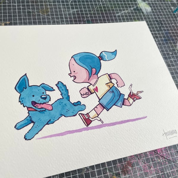 Image of Girl & Dog Running