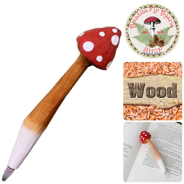 Image of 🍄 Amanita Writing Pen - Red Toadstool Mushroom - Wood  Art - Cottagecore