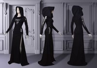 Image 1 of Warm winter dress Morticia Addams black gothic slashed wedding elven dress gown maxi Hood long train