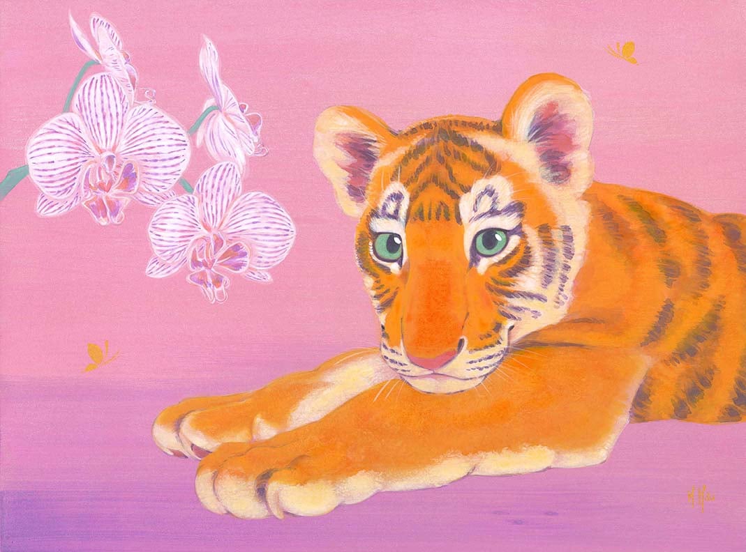 'Orchids and Tiger Cub' Original Painting