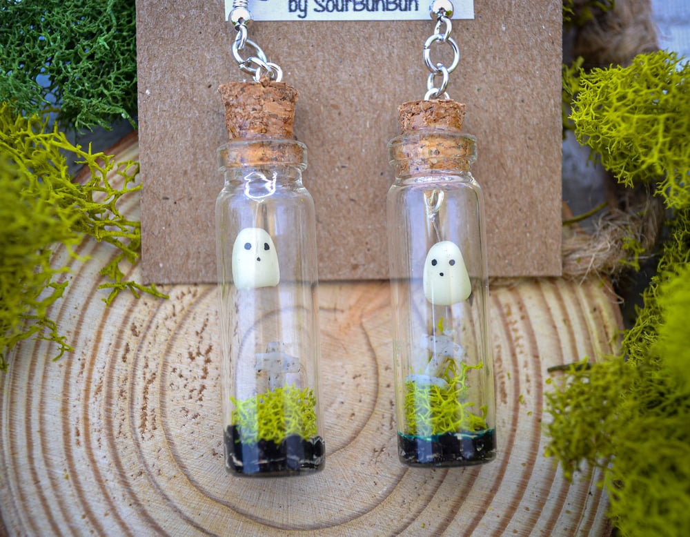 Image of Haunted Cross Terrarium Earrings GLOW IN THE DARK