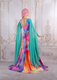 Image 2 of colorful dress wedding fairy fancy pagan witchy rainbow maxi long sleeves fantasy elven prom 