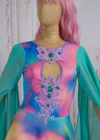 Image 3 of colorful dress wedding fairy fancy pagan witchy rainbow maxi long sleeves fantasy elven prom 