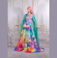 Image 1 of colorful dress wedding fairy fancy pagan witchy rainbow maxi long sleeves fantasy elven prom 