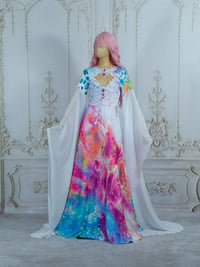 Image 1 of colorful dress wedding fairy fancy witchy rainbow maxi long sleeves fantasy elven prom 