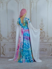 Image 3 of colorful dress wedding fairy fancy witchy rainbow maxi long sleeves fantasy elven prom 