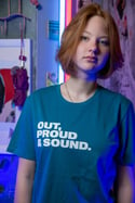 OUT, PROUD & SOUND T-shirt (Ocean Depth, with white print)