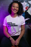 OUT, PROUD & SOUND T-shirt (Candy Pink, with black print)