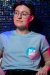 BIN THE BINARY T-shirt (Sky Blue, with white, light pink and light blue print)