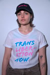 TRANS LIBERATION NOW T-shirt (White, with light pink and light blue print)