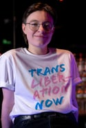 TRANS LIBERATION NOW T-shirt (White, with light pink and light blue print)