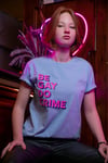 BE GAY. DO CRIME. T-shirt (Skye Blue, with pink and purple print)