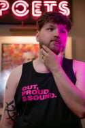 OUT, PROUD & SOUND Tank top (Black, with bright pink print)