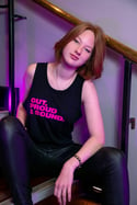 OUT, PROUD & SOUND Tank top (Black, with bright pink print)